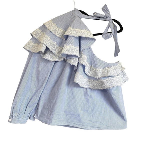 NEW Veronica Beard Isla Ruffle One Shoulder Stripe Blouse - Picture 5 of 16